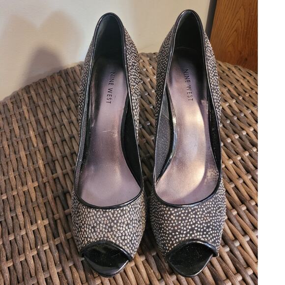 Nine West Danee Rhinestone Stilettos 9 Black Glitter Peep Toe Glam Party Heels - Picture 2 of 10